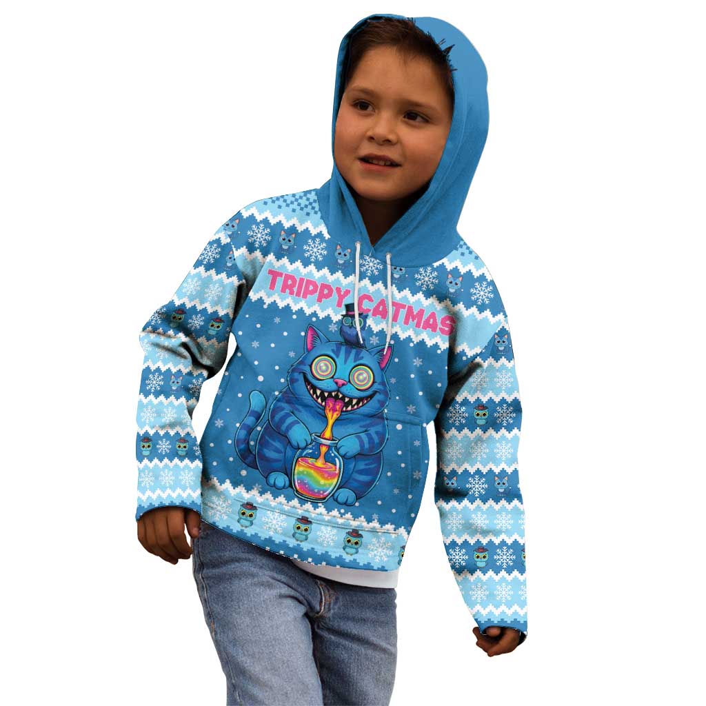 Personalized Trippy Catmas Kid Hoodie Cute Blue Derpy Cat and Owl Companion - Wonder Print Shop