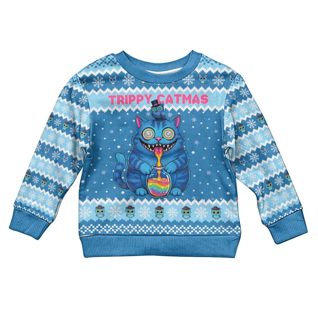 Personalized Trippy Catmas Kid Ugly Christmas Sweater Cute Blue Derpy Cat and Owl Companion - Wonder Print Shop