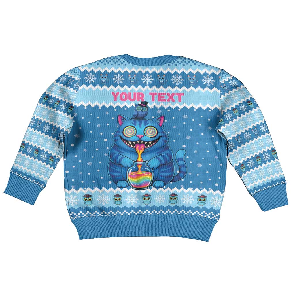 Personalized Trippy Catmas Kid Ugly Christmas Sweater Cute Blue Derpy Cat and Owl Companion - Wonder Print Shop