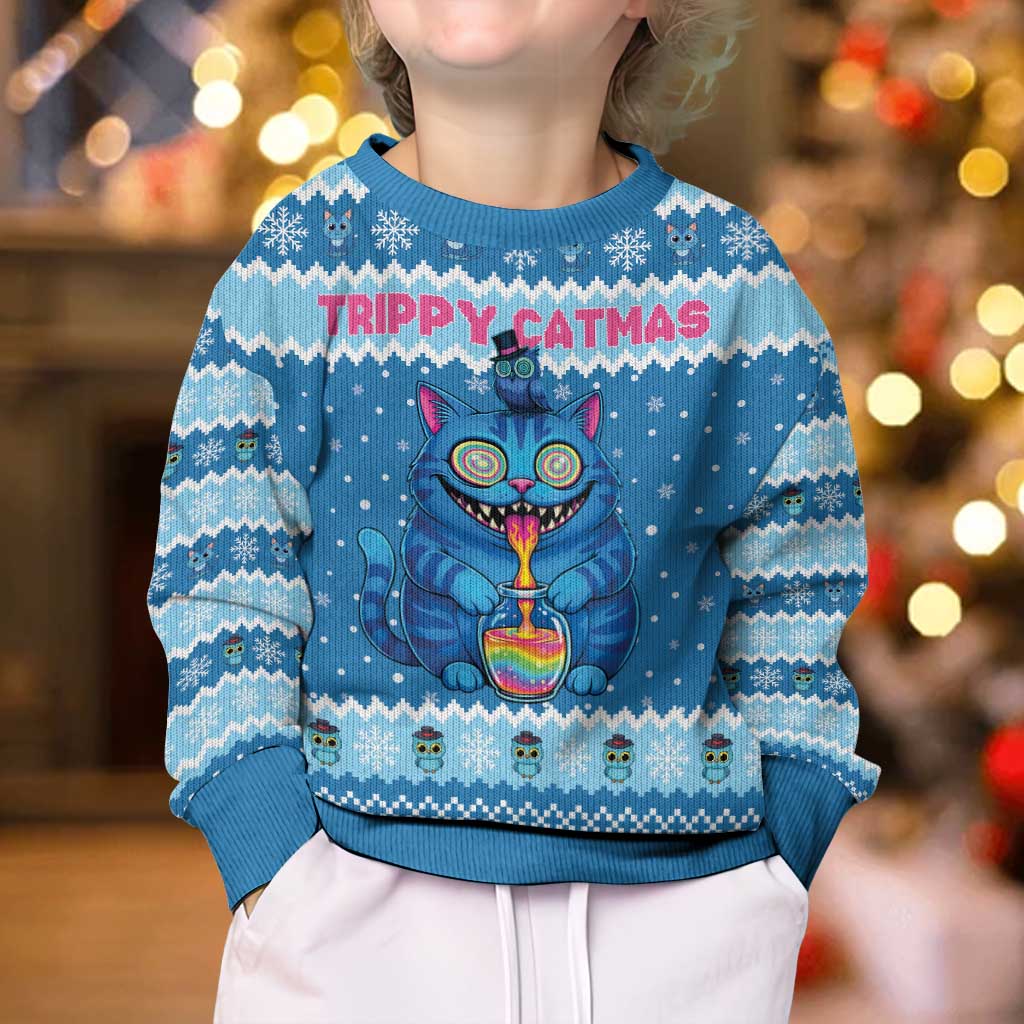 Personalized Trippy Catmas Kid Ugly Christmas Sweater Cute Blue Derpy Cat and Owl Companion - Wonder Print Shop
