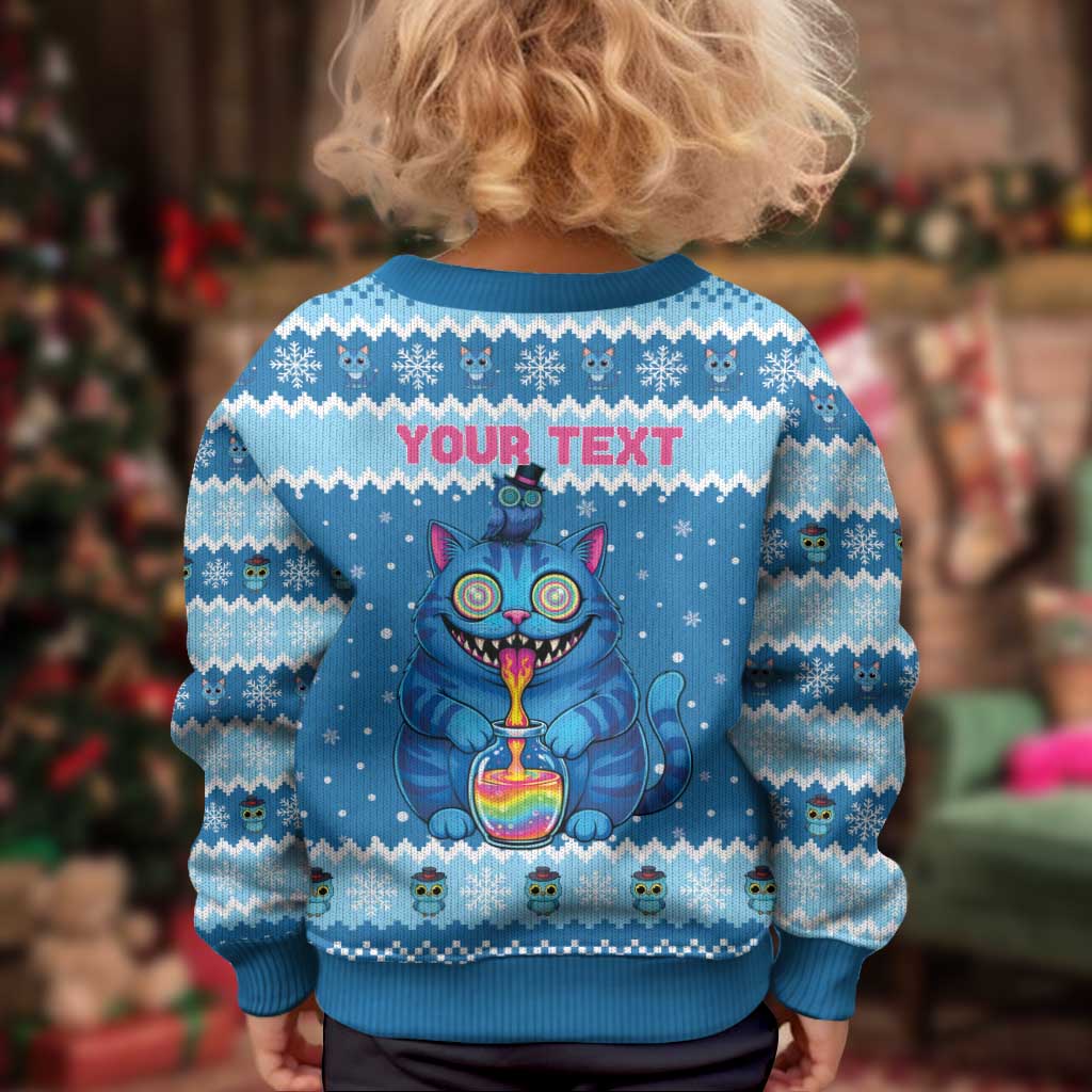 Personalized Trippy Catmas Kid Ugly Christmas Sweater Cute Blue Derpy Cat and Owl Companion - Wonder Print Shop