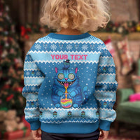 Personalized Trippy Catmas Kid Ugly Christmas Sweater Cute Blue Derpy Cat and Owl Companion - Wonder Print Shop