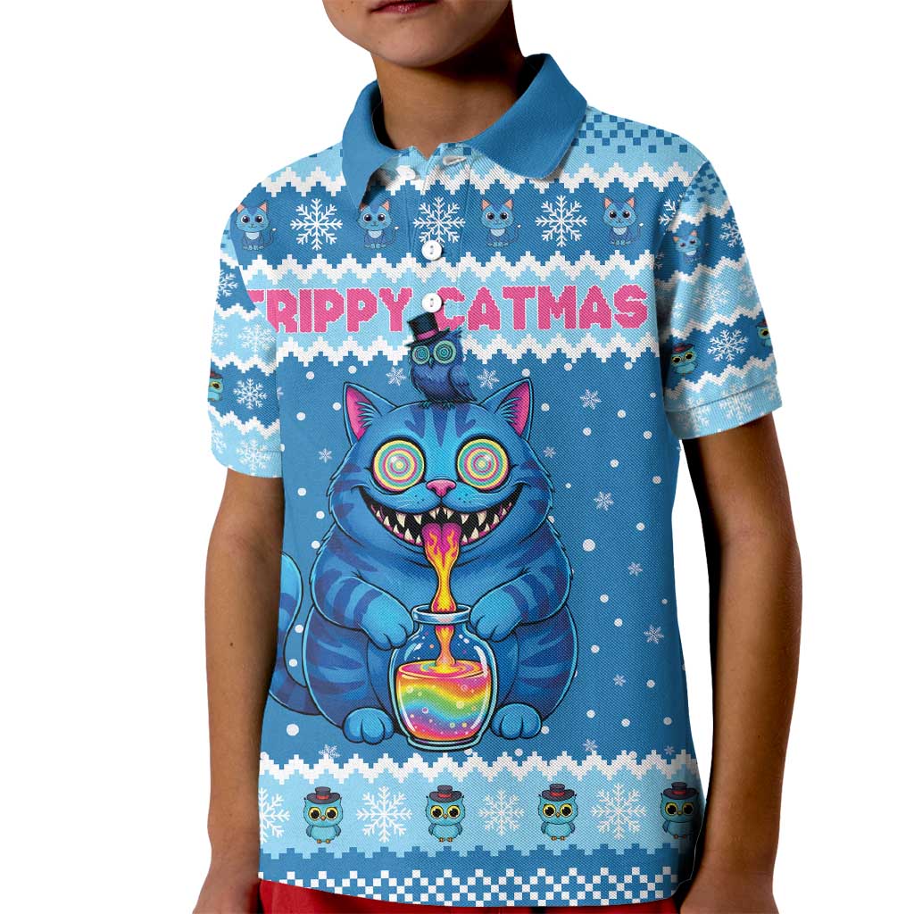 Personalized Trippy Catmas Kid Polo Shirt Cute Blue Derpy Cat and Owl Companion - Wonder Print Shop
