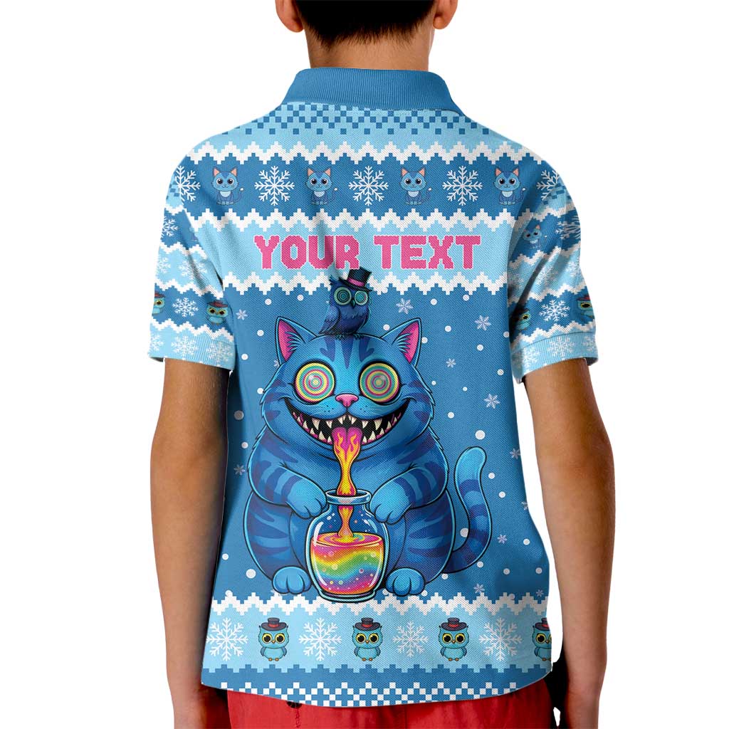 Personalized Trippy Catmas Kid Polo Shirt Cute Blue Derpy Cat and Owl Companion - Wonder Print Shop