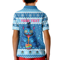 Personalized Trippy Catmas Kid Polo Shirt Cute Blue Derpy Cat and Owl Companion - Wonder Print Shop