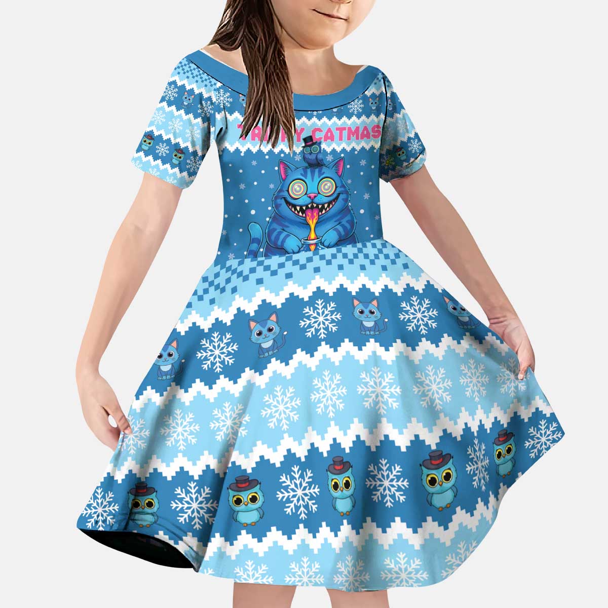Personalized Trippy Catmas Kid Short Sleeve Dress Cute Blue Derpy Cat and Owl Companion - Wonder Print Shop