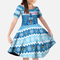 Personalized Trippy Catmas Kid Short Sleeve Dress Cute Blue Derpy Cat and Owl Companion - Wonder Print Shop