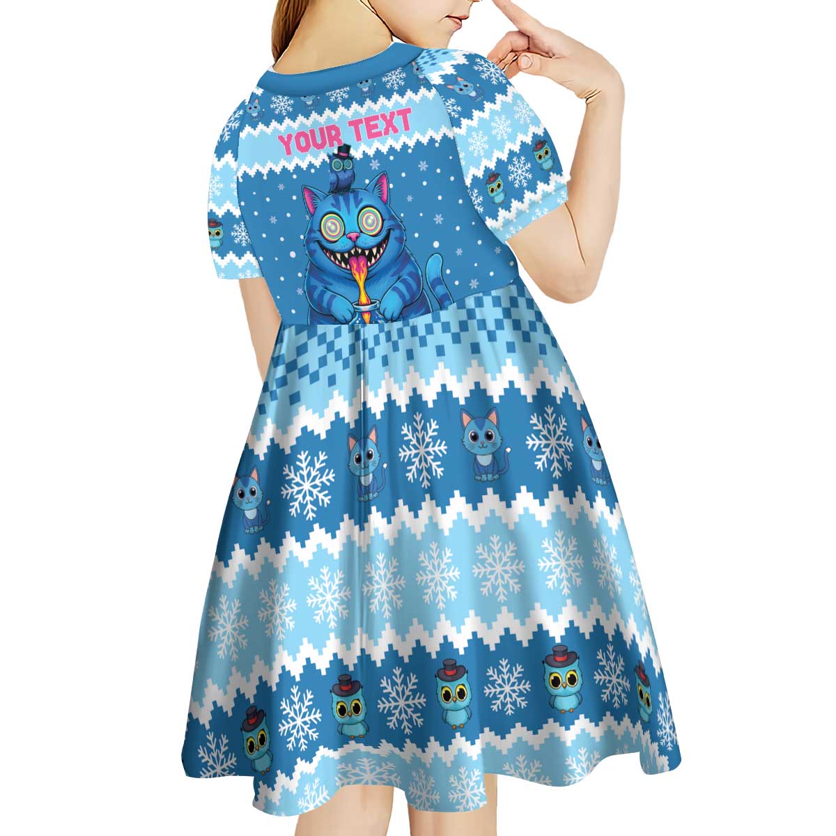 Personalized Trippy Catmas Kid Short Sleeve Dress Cute Blue Derpy Cat and Owl Companion - Wonder Print Shop