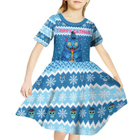 Personalized Trippy Catmas Kid Short Sleeve Dress Cute Blue Derpy Cat and Owl Companion - Wonder Print Shop