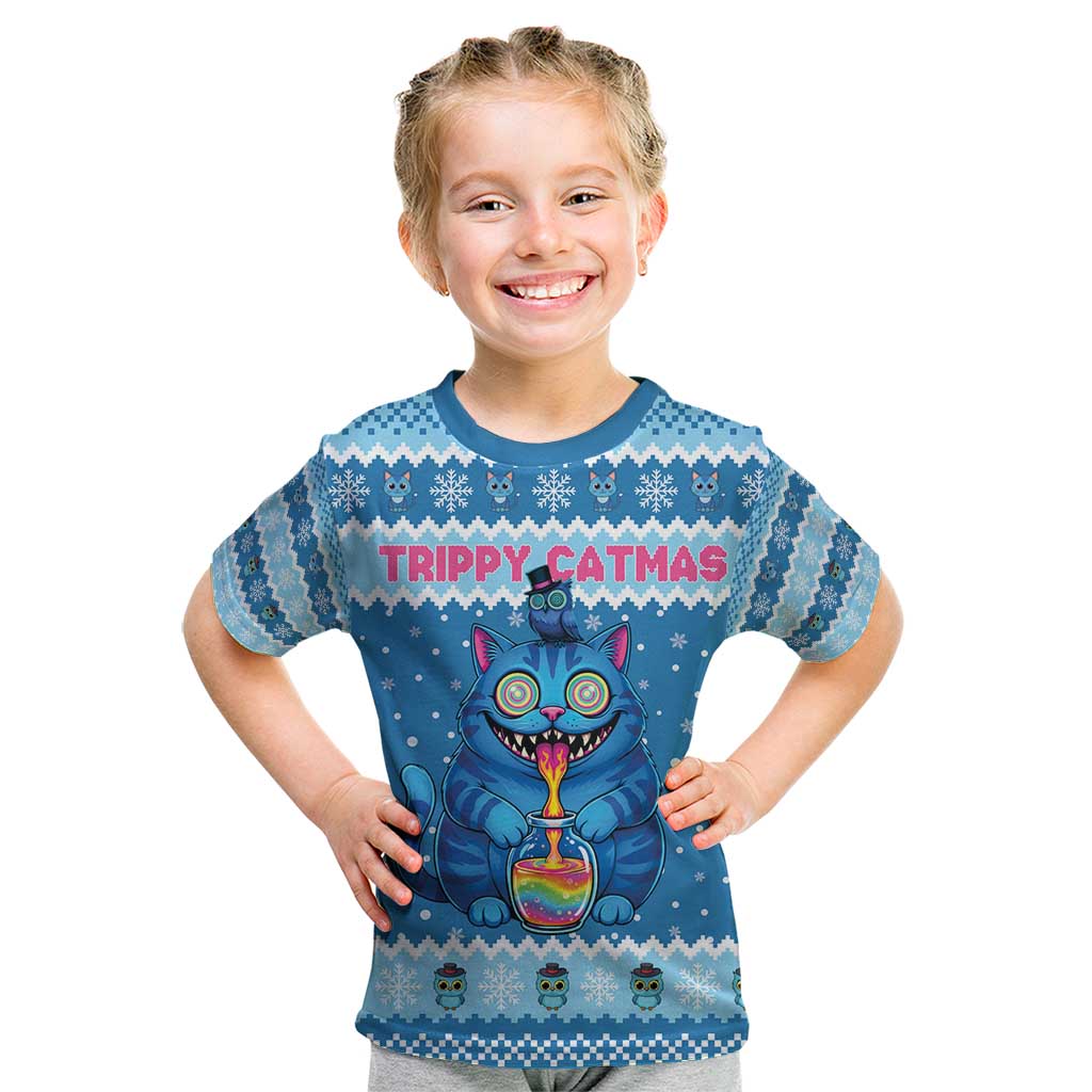 Personalized Trippy Catmas Kid T Shirt Cute Blue Derpy Cat and Owl Companion - Wonder Print Shop