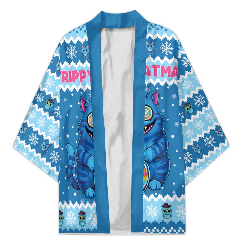 Personalized Trippy Catmas Kimono Cute Blue Derpy Cat and Owl Companion - Wonder Print Shop