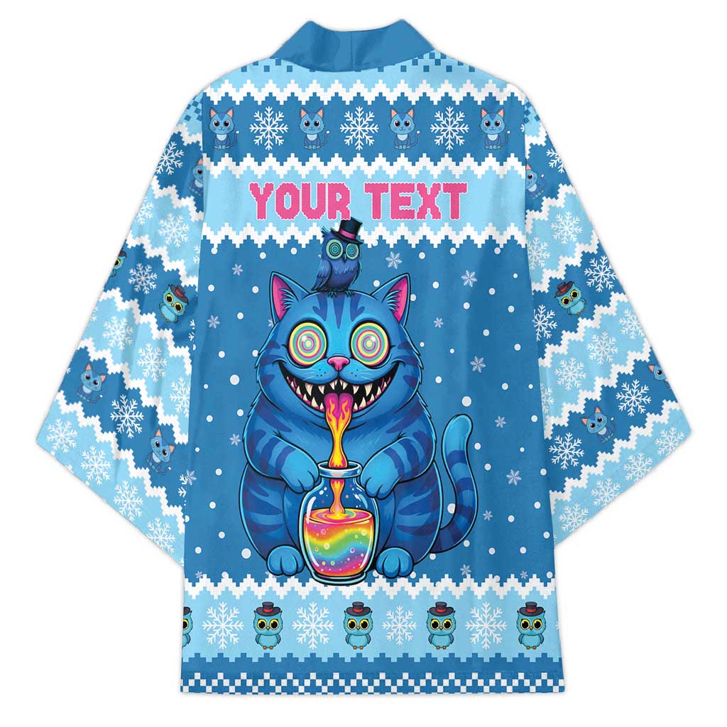Personalized Trippy Catmas Kimono Cute Blue Derpy Cat and Owl Companion - Wonder Print Shop