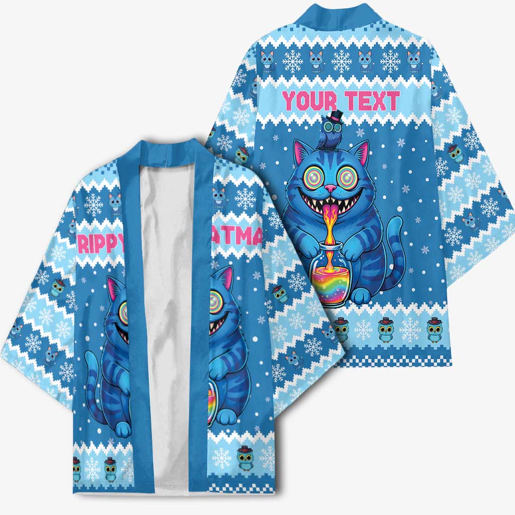 Personalized Trippy Catmas Kimono Cute Blue Derpy Cat and Owl Companion - Wonder Print Shop