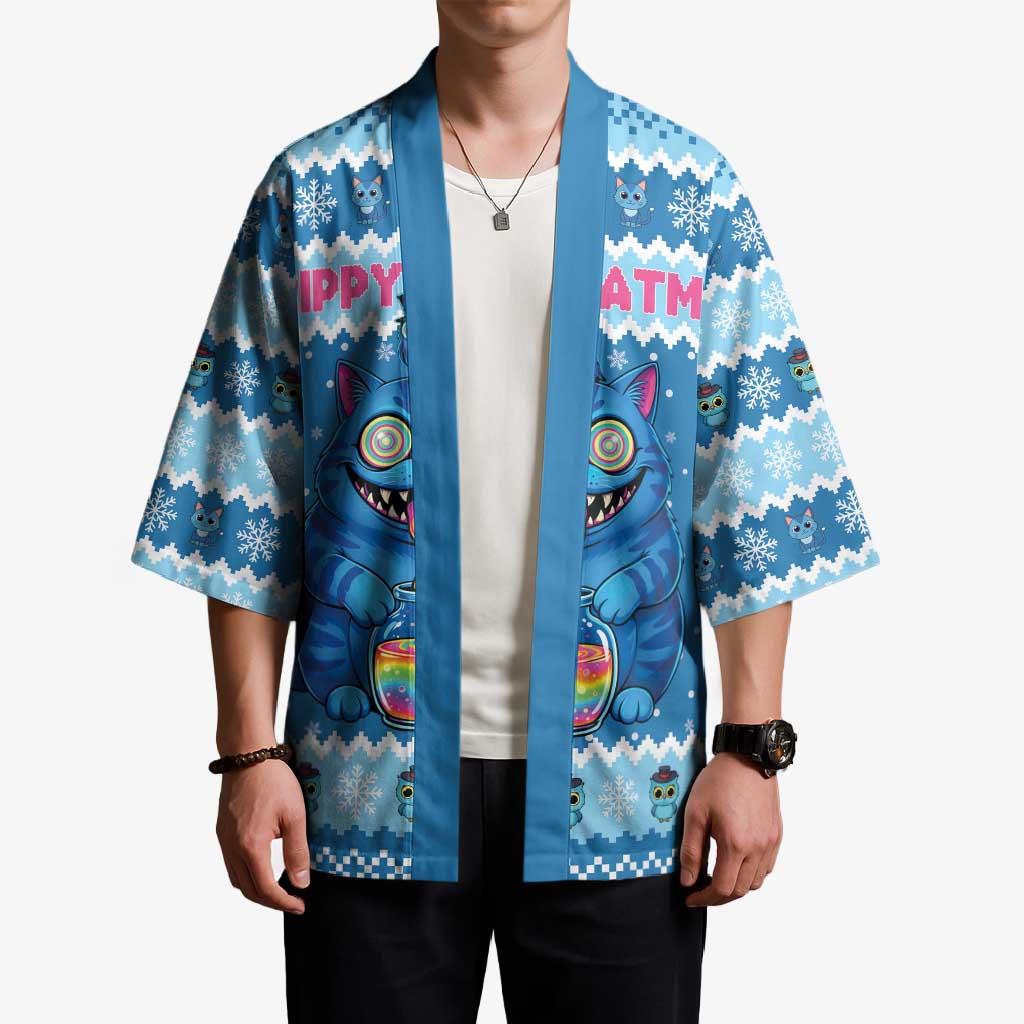 Personalized Trippy Catmas Kimono Cute Blue Derpy Cat and Owl Companion - Wonder Print Shop