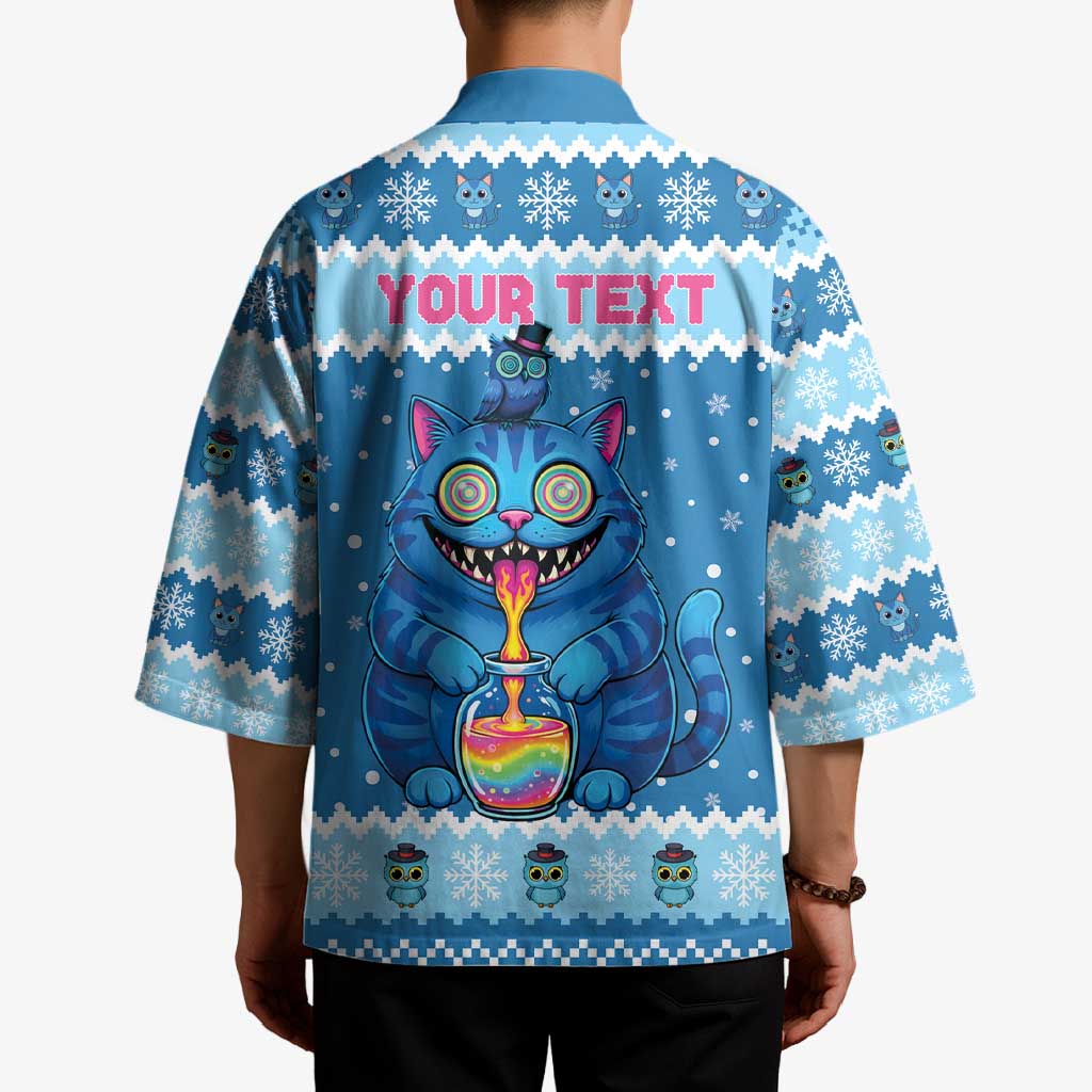 Personalized Trippy Catmas Kimono Cute Blue Derpy Cat and Owl Companion - Wonder Print Shop