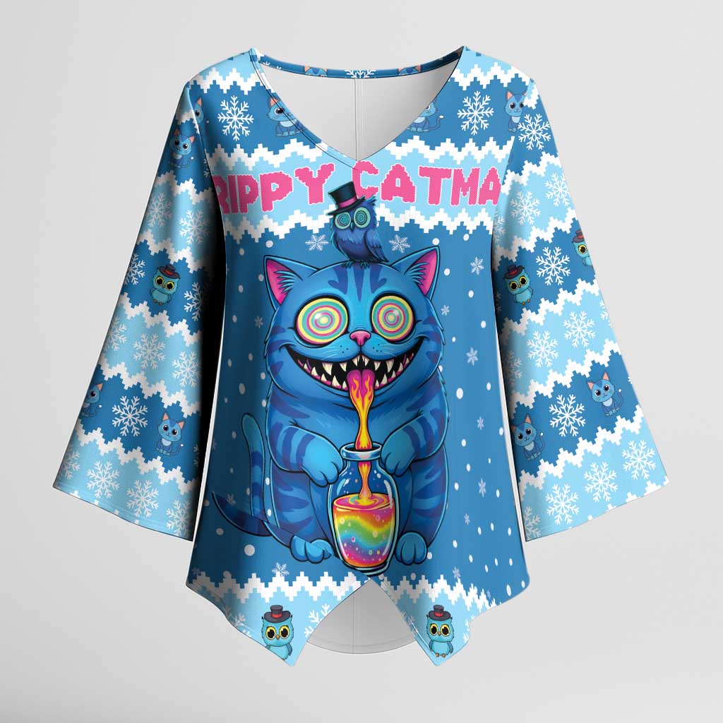 Personalized Trippy Catmas Kimono Sleeve Blouse Cute Blue Derpy Cat and Owl Companion - Wonder Print Shop