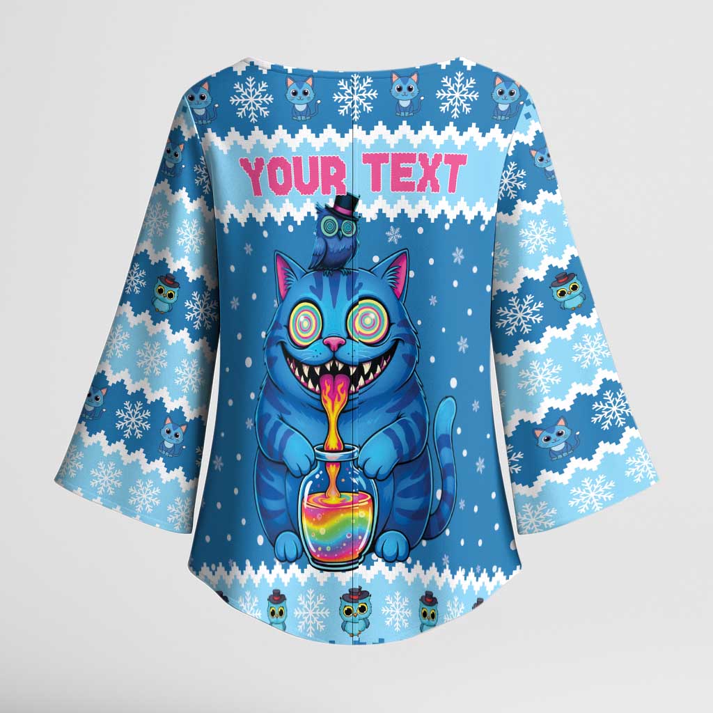 Personalized Trippy Catmas Kimono Sleeve Blouse Cute Blue Derpy Cat and Owl Companion - Wonder Print Shop
