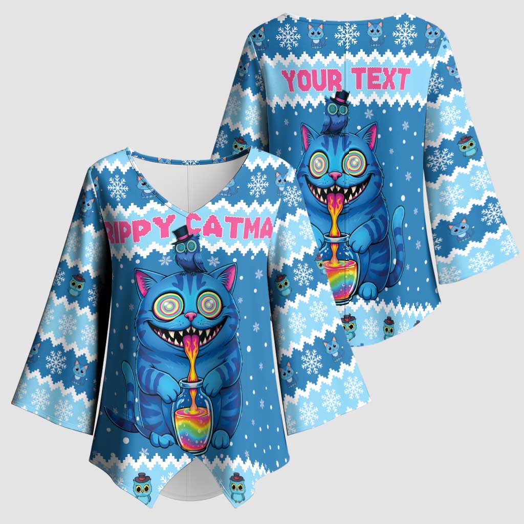 Personalized Trippy Catmas Kimono Sleeve Blouse Cute Blue Derpy Cat and Owl Companion - Wonder Print Shop