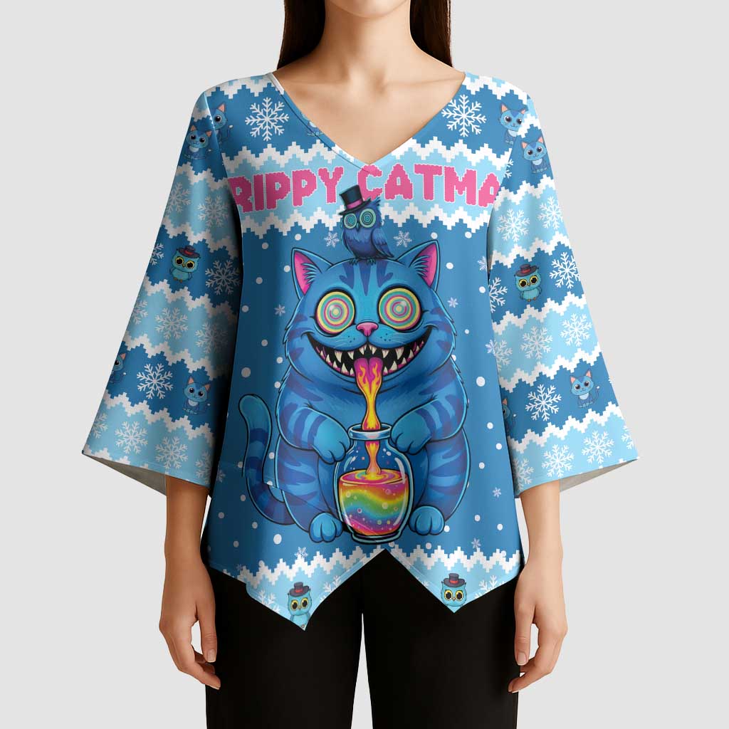 Personalized Trippy Catmas Kimono Sleeve Blouse Cute Blue Derpy Cat and Owl Companion - Wonder Print Shop