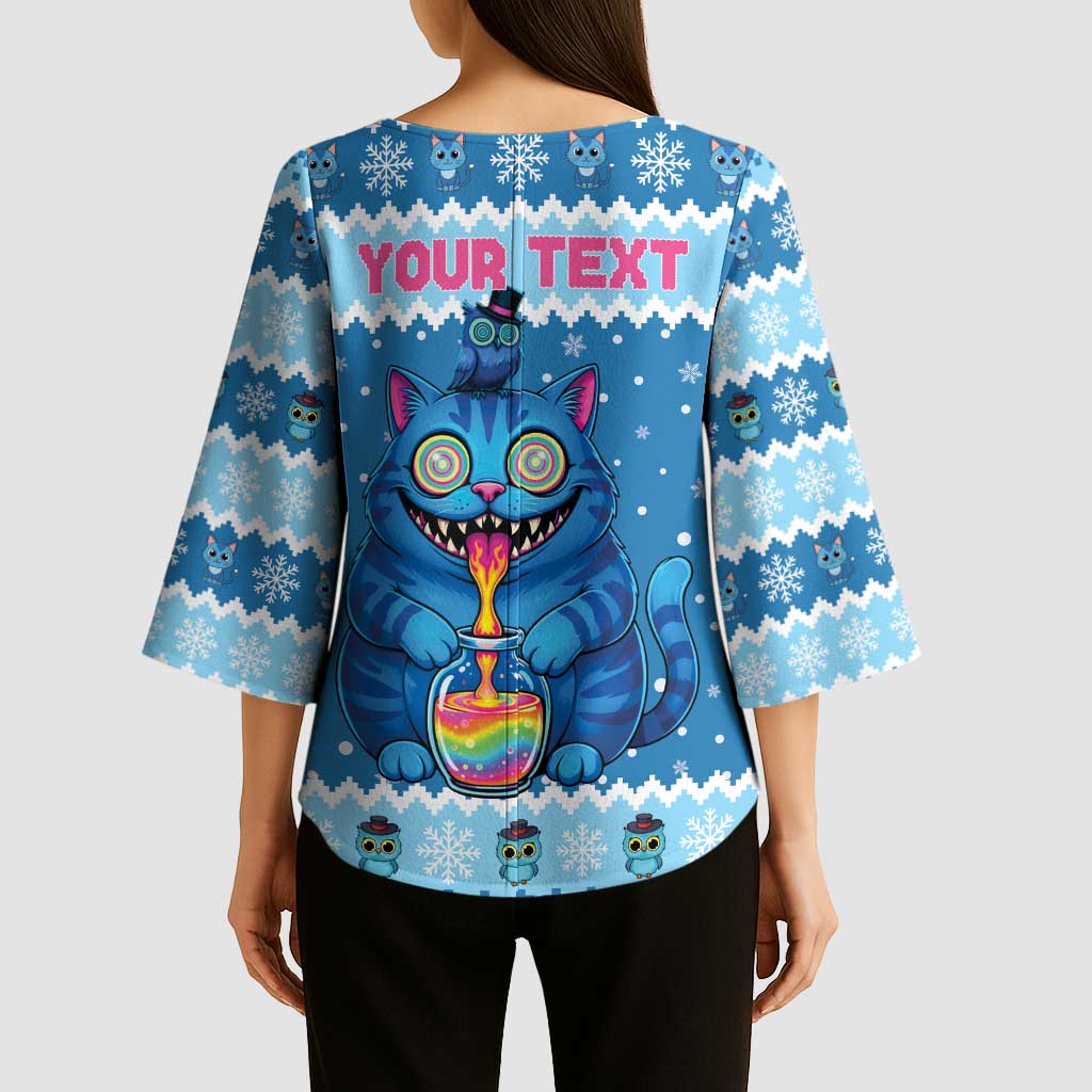 Personalized Trippy Catmas Kimono Sleeve Blouse Cute Blue Derpy Cat and Owl Companion - Wonder Print Shop