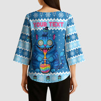 Personalized Trippy Catmas Kimono Sleeve Blouse Cute Blue Derpy Cat and Owl Companion - Wonder Print Shop