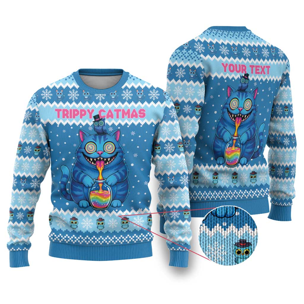 Personalized Trippy Catmas Ugly Christmas Sweater Cute Blue Derpy Cat and Owl Companion - Wonder Print Shop
