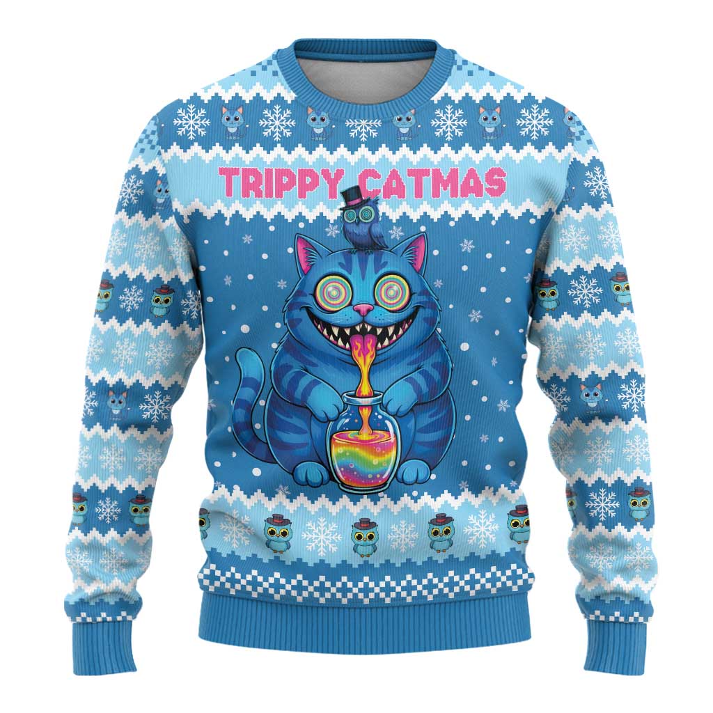 Personalized Trippy Catmas Ugly Christmas Sweater Cute Blue Derpy Cat and Owl Companion - Wonder Print Shop
