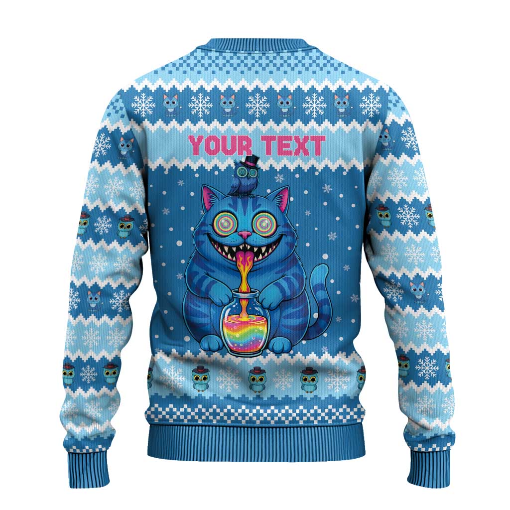 Personalized Trippy Catmas Ugly Christmas Sweater Cute Blue Derpy Cat and Owl Companion - Wonder Print Shop
