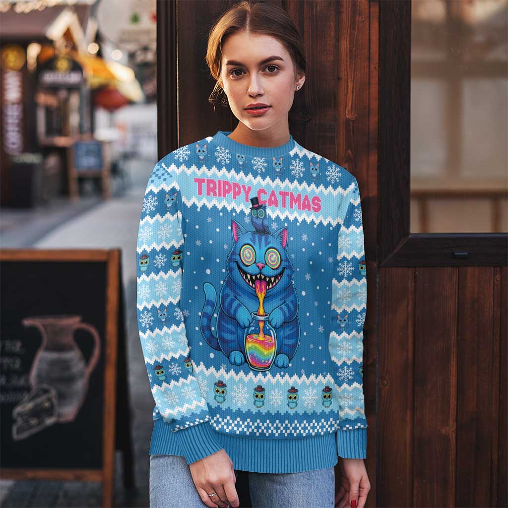 Personalized Trippy Catmas Ugly Christmas Sweater Cute Blue Derpy Cat and Owl Companion - Wonder Print Shop