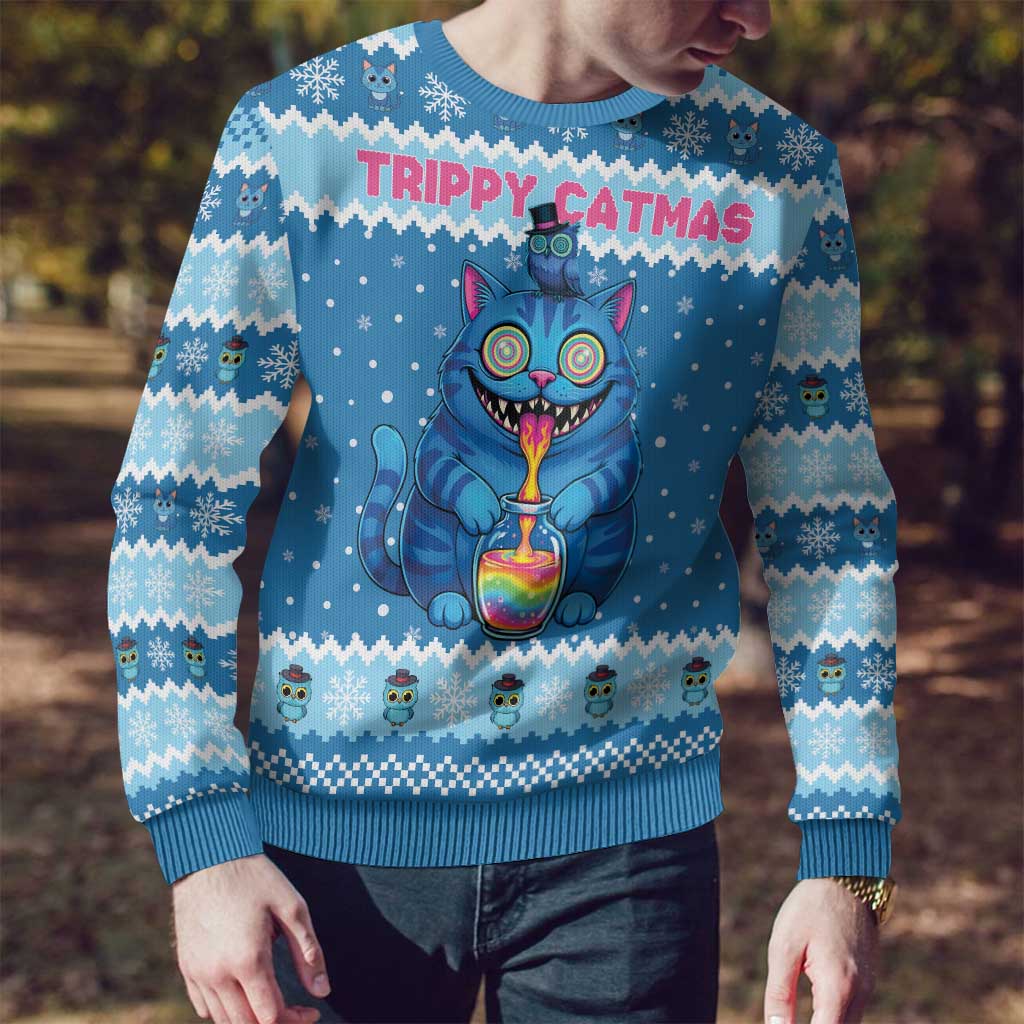 Personalized Trippy Catmas Ugly Christmas Sweater Cute Blue Derpy Cat and Owl Companion - Wonder Print Shop