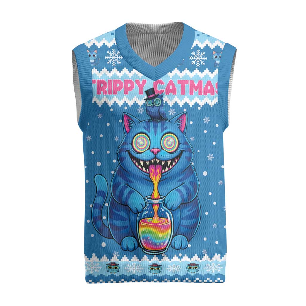 Personalized Trippy Catmas Christmas Knitted V-Neck Vest Cute Blue Derpy Cat and Owl Companion - Wonder Print Shop