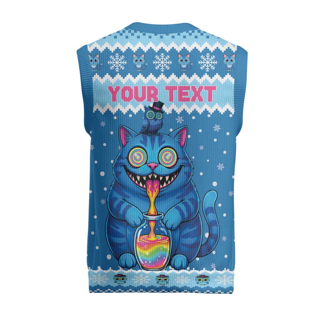Personalized Trippy Catmas Christmas Knitted V-Neck Vest Cute Blue Derpy Cat and Owl Companion - Wonder Print Shop