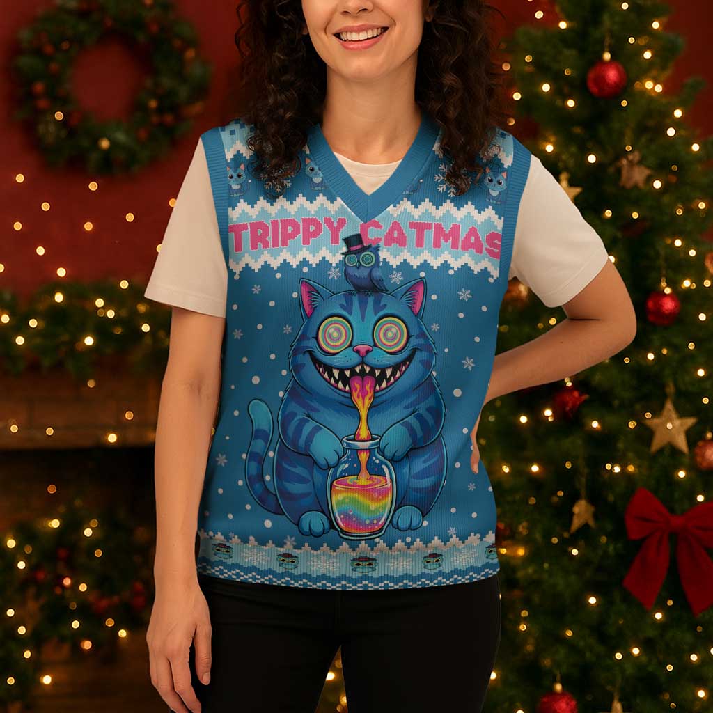 Personalized Trippy Catmas Christmas Knitted V-Neck Vest Cute Blue Derpy Cat and Owl Companion - Wonder Print Shop
