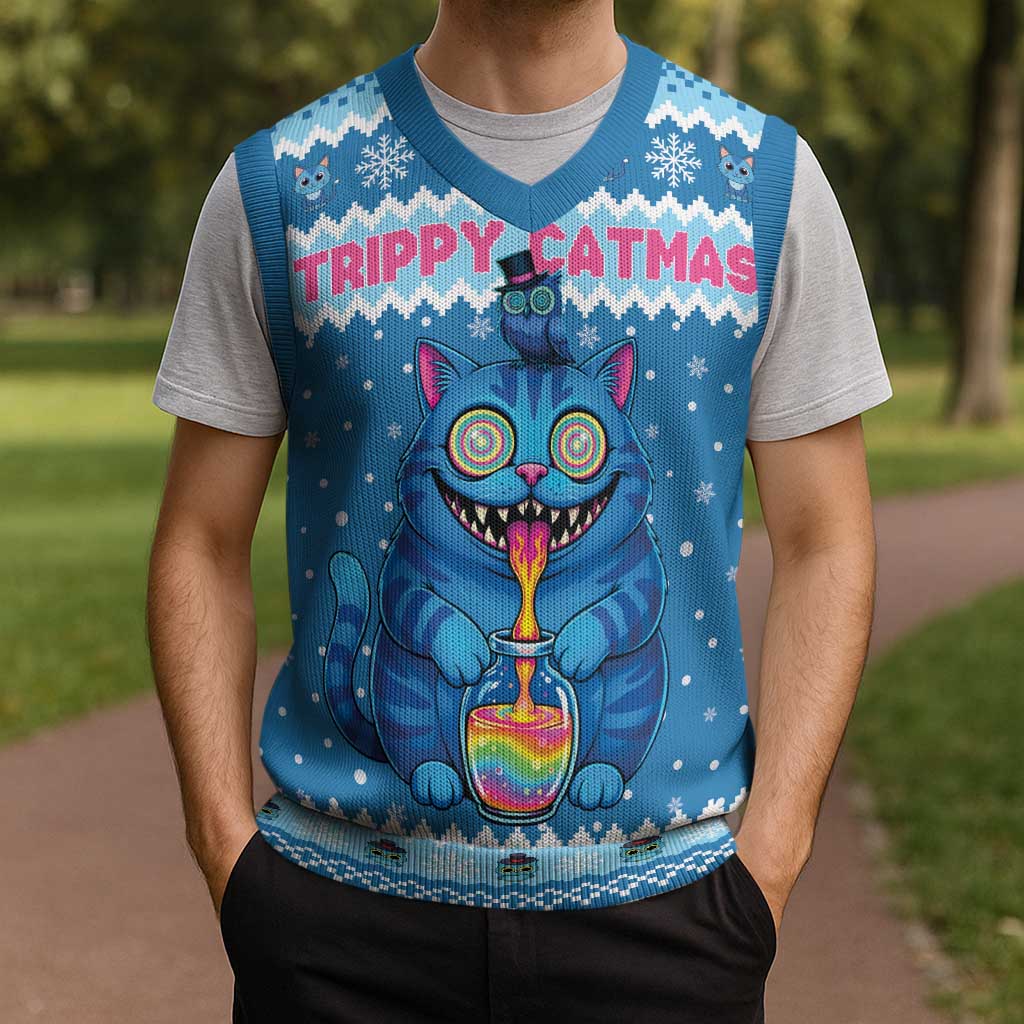 Personalized Trippy Catmas Christmas Knitted V-Neck Vest Cute Blue Derpy Cat and Owl Companion - Wonder Print Shop