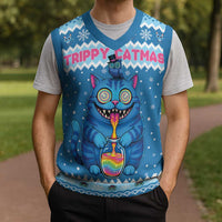 Personalized Trippy Catmas Christmas Knitted V-Neck Vest Cute Blue Derpy Cat and Owl Companion - Wonder Print Shop