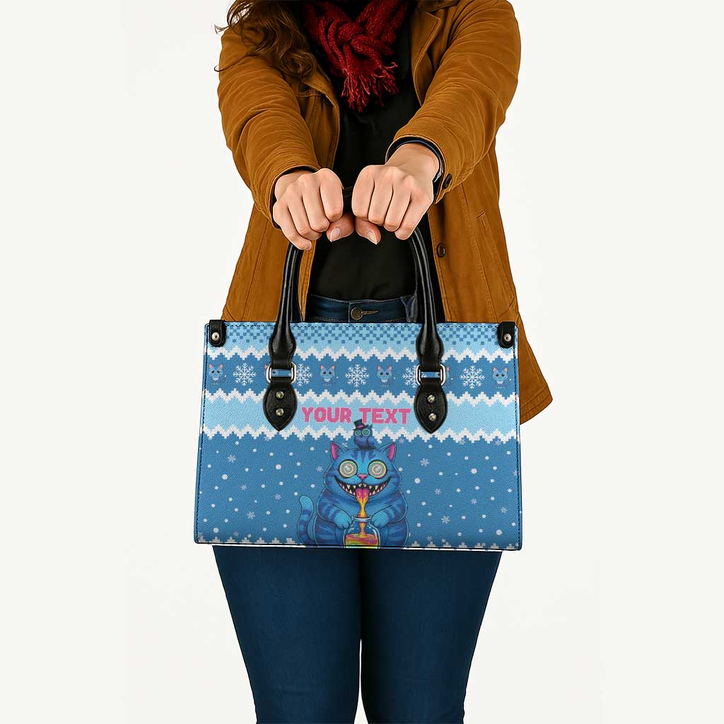 Personalized Trippy Catmas Leather Bag Cute Blue Derpy Cat and Owl Companion - Wonder Print Shop