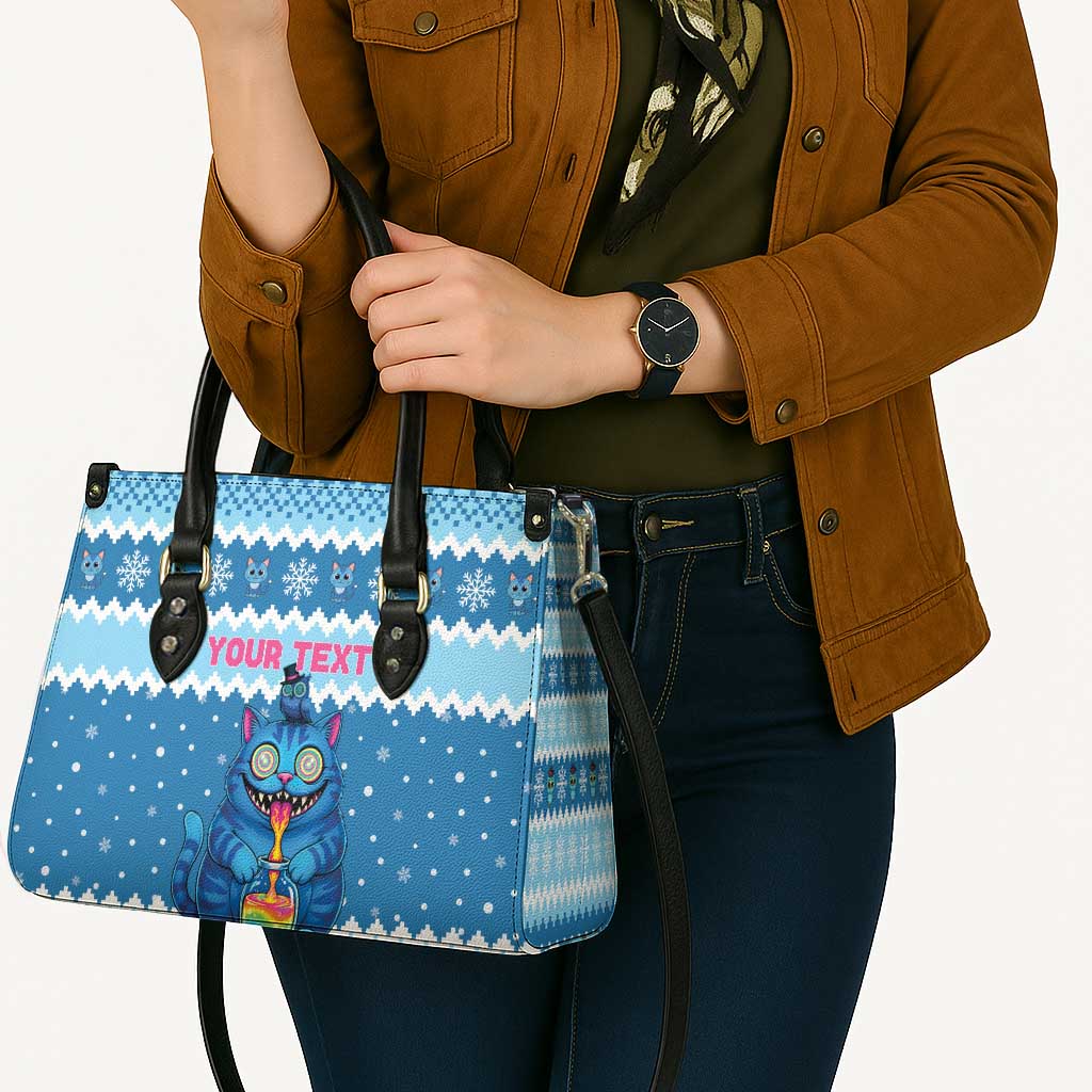 Personalized Trippy Catmas Leather Bag Cute Blue Derpy Cat and Owl Companion - Wonder Print Shop