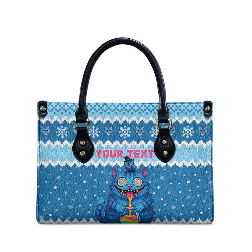 Personalized Trippy Catmas Leather Bag Cute Blue Derpy Cat and Owl Companion - Wonder Print Shop