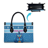 Personalized Trippy Catmas Leather Bag Cute Blue Derpy Cat and Owl Companion - Wonder Print Shop