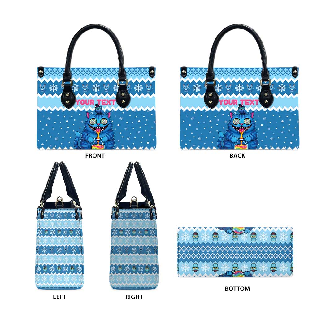 Personalized Trippy Catmas Leather Bag Cute Blue Derpy Cat and Owl Companion - Wonder Print Shop