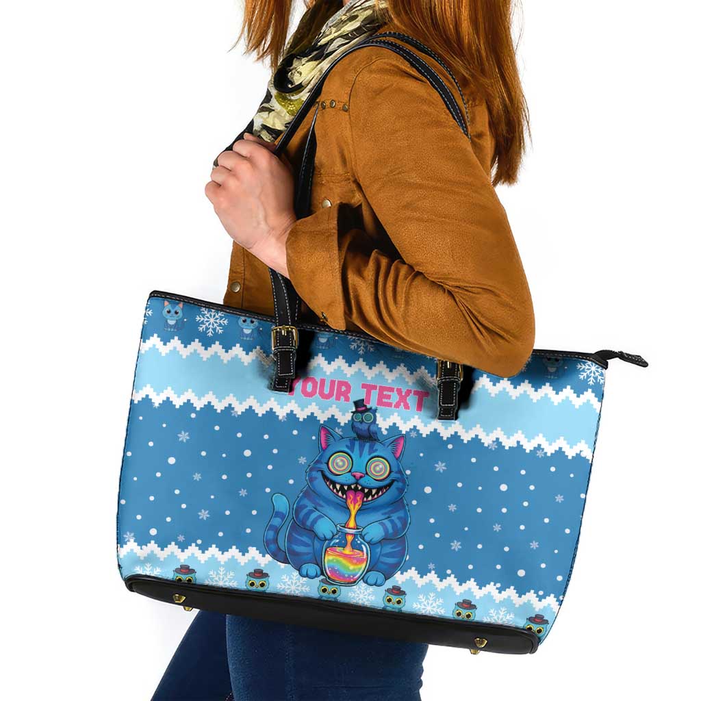Personalized Trippy Catmas Leather Tote Bag Cute Blue Derpy Cat and Owl Companion - Wonder Print Shop