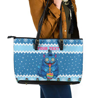 Personalized Trippy Catmas Leather Tote Bag Cute Blue Derpy Cat and Owl Companion - Wonder Print Shop