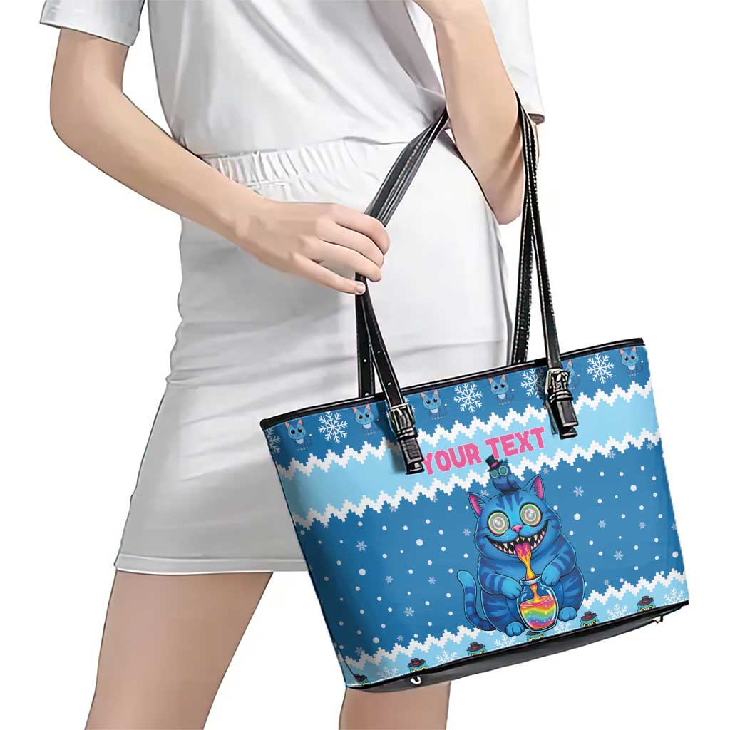 Personalized Trippy Catmas Leather Tote Bag Cute Blue Derpy Cat and Owl Companion - Wonder Print Shop