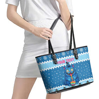 Personalized Trippy Catmas Leather Tote Bag Cute Blue Derpy Cat and Owl Companion - Wonder Print Shop