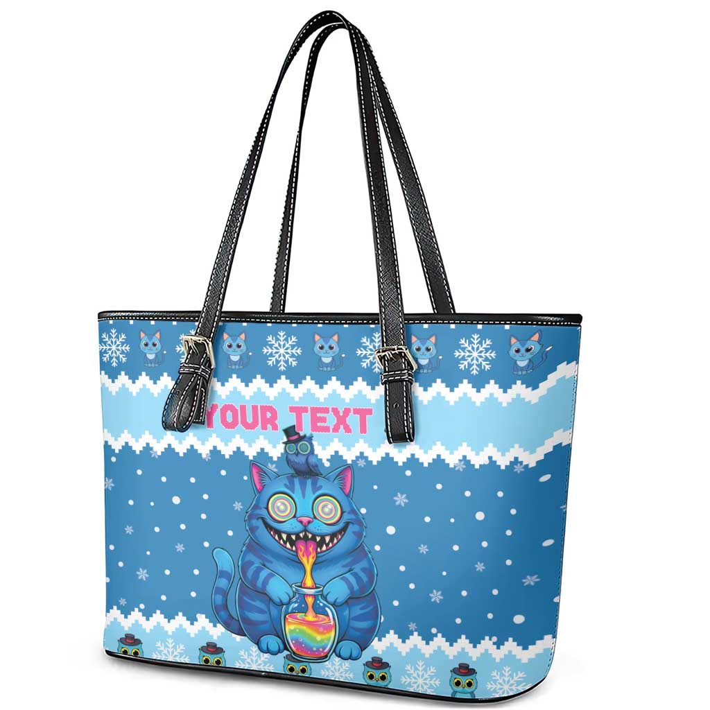 Personalized Trippy Catmas Leather Tote Bag Cute Blue Derpy Cat and Owl Companion - Wonder Print Shop