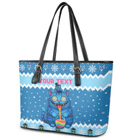 Personalized Trippy Catmas Leather Tote Bag Cute Blue Derpy Cat and Owl Companion - Wonder Print Shop