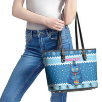 Personalized Trippy Catmas Leather Tote Bag Cute Blue Derpy Cat and Owl Companion - Wonder Print Shop