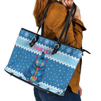 Personalized Trippy Catmas Leather Tote Bag Cute Blue Derpy Cat and Owl Companion - Wonder Print Shop