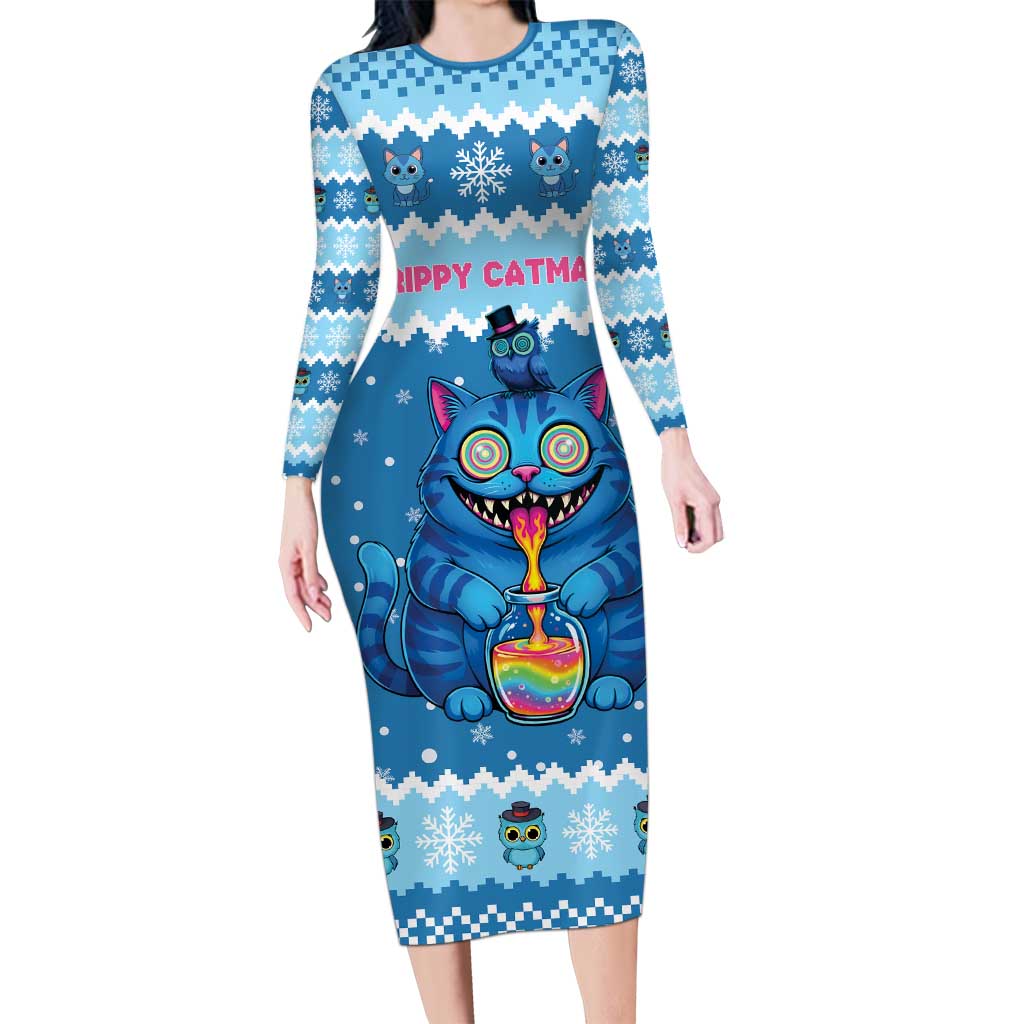 Personalized Trippy Catmas Long Sleeve Bodycon Dress Cute Blue Derpy Cat and Owl Companion - Wonder Print Shop