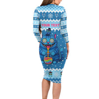 Personalized Trippy Catmas Long Sleeve Bodycon Dress Cute Blue Derpy Cat and Owl Companion - Wonder Print Shop